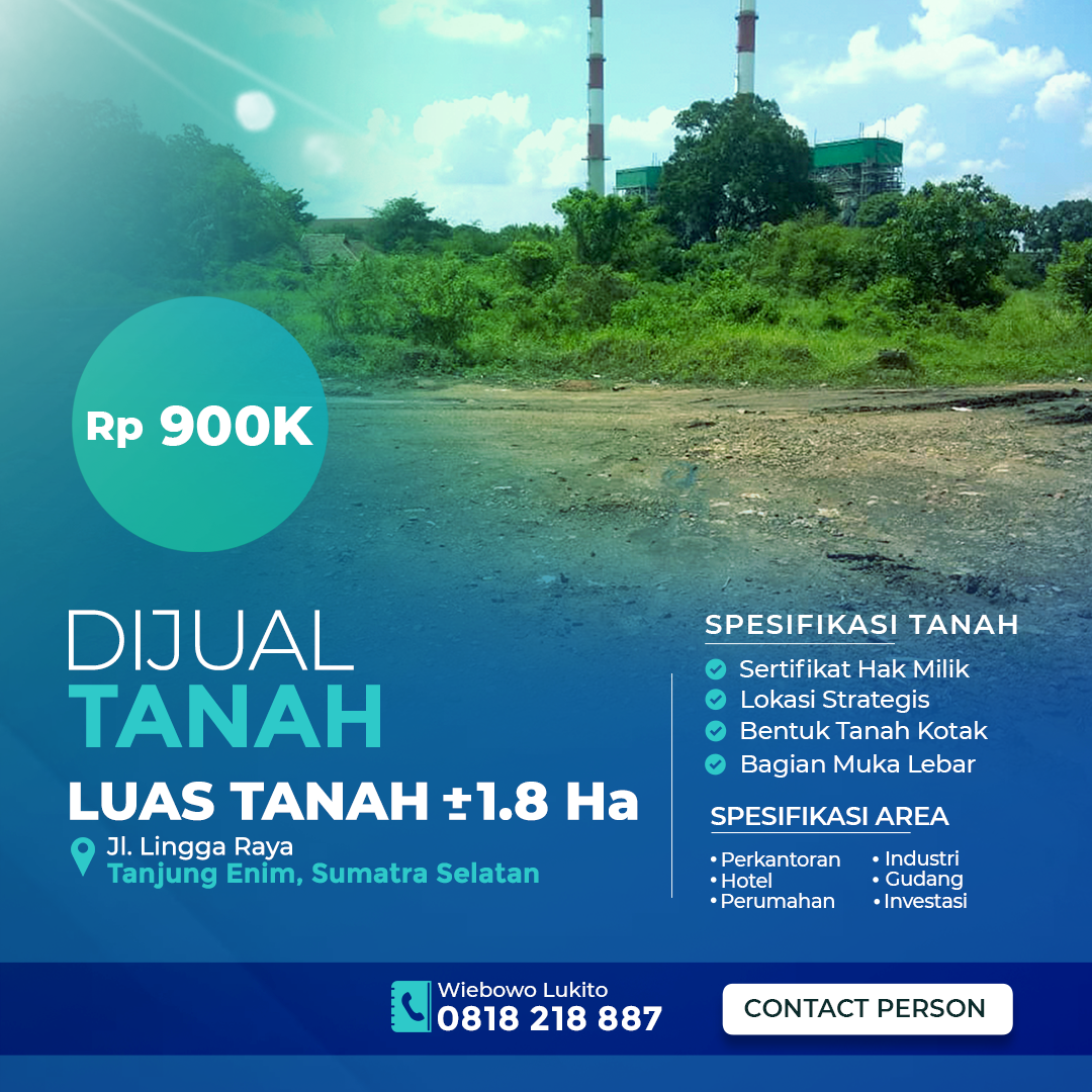 Dijual Tanah di Tanjung Enim, Muara Enim Seluas ±1,8 Ha