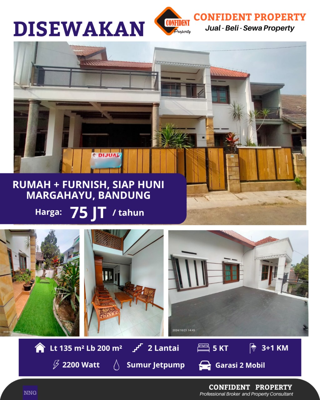 Di sewakan Rumah Margahayu MIM 2 Lt siap huni Bagus Terawat+ ada Furnished jarang ada Cck U/ kantor/ Tinggal 
